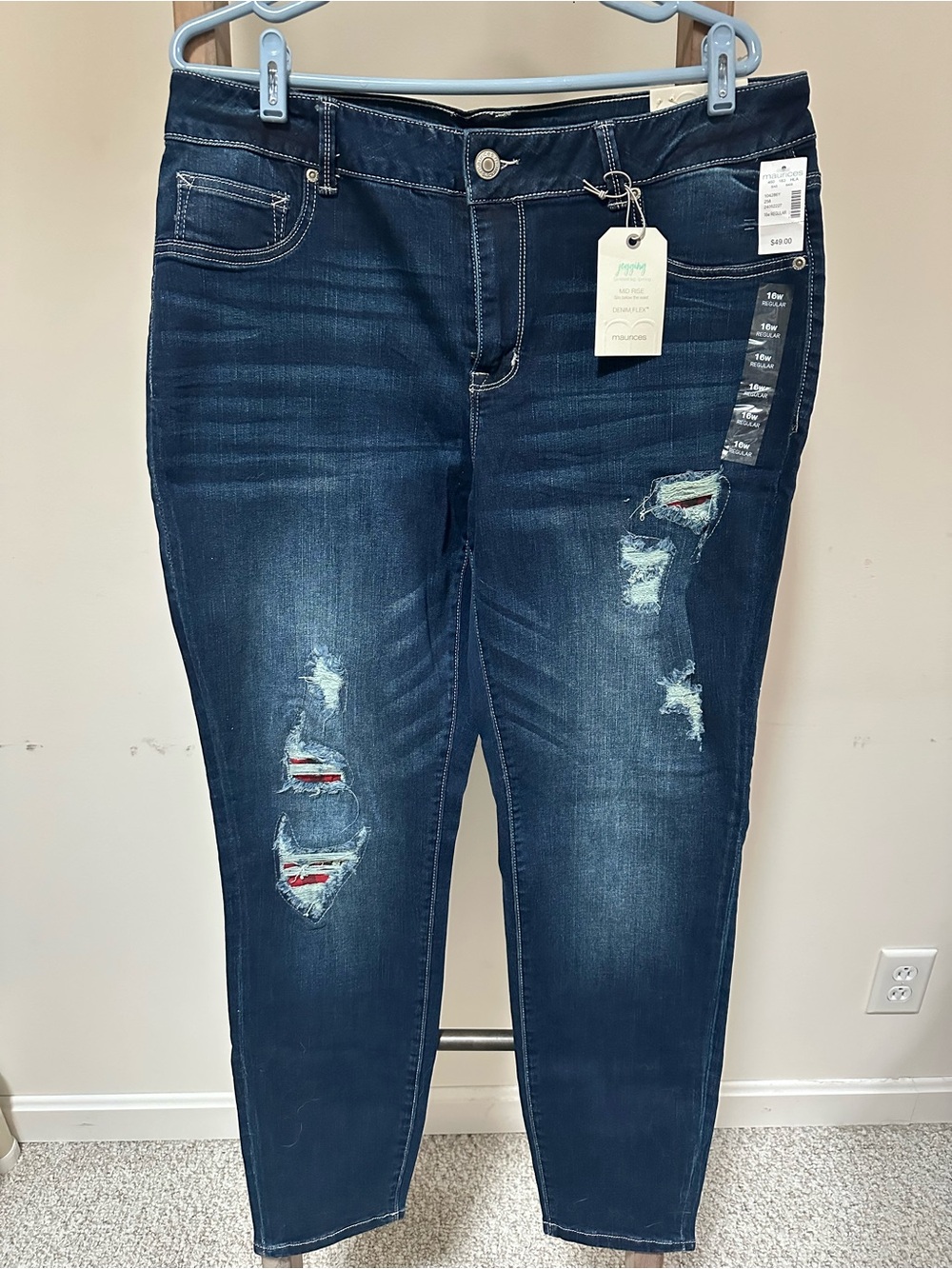 Dark Blue Distressed Women's Jeans Jeggings with Plaid Backing- Maurice’s